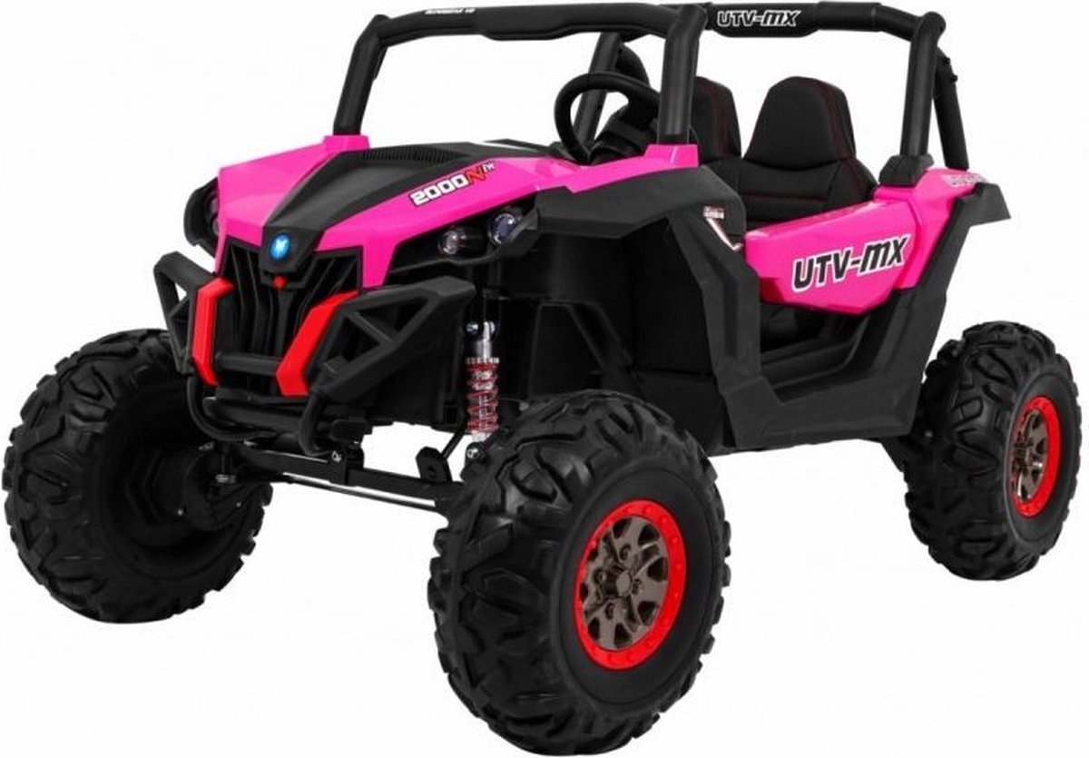 UTV-MX 2-Persoons buggy | Elektrische kinderauto | Accu auto kind 24V 4×4, Rubberen banden, Leren zitjes en Afstandsbediening (Roze)